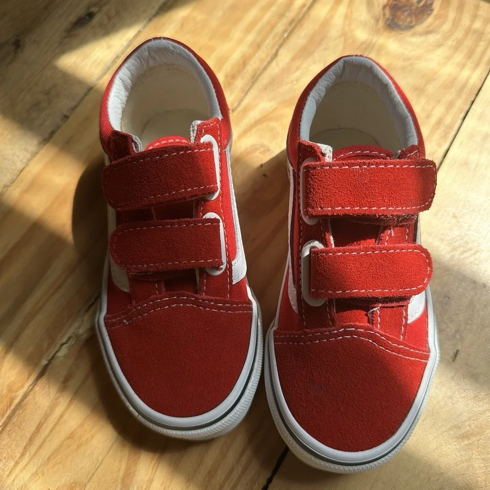 VANS Old Skool Red White Suede Canvas Sneakers Unisex Kids US 10.5 Hook & Loop